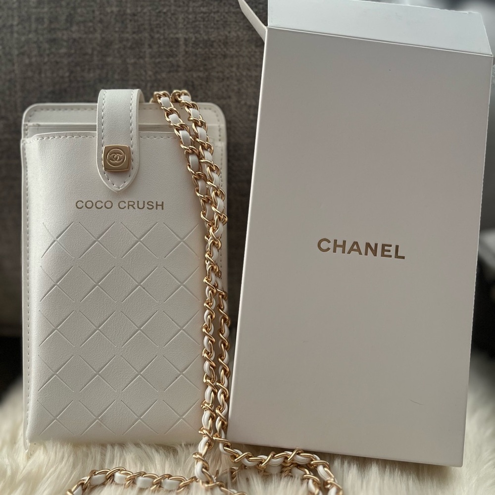 Chanel White Quilted Phone Case with Gold Chain
